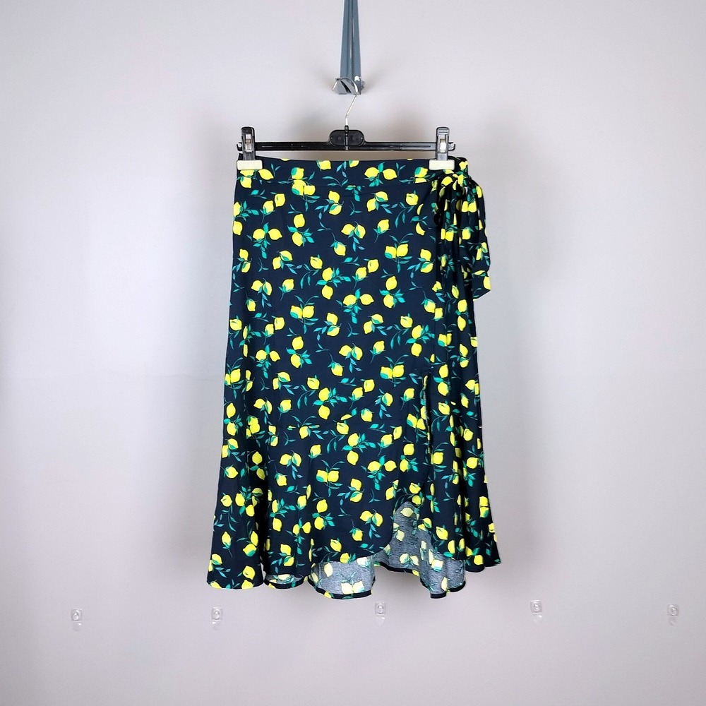 Banana Republic Cotton Viscose Lemon Print Wrap Midi Skirt Womens 8 Navy Blue - Picture 2 of 5